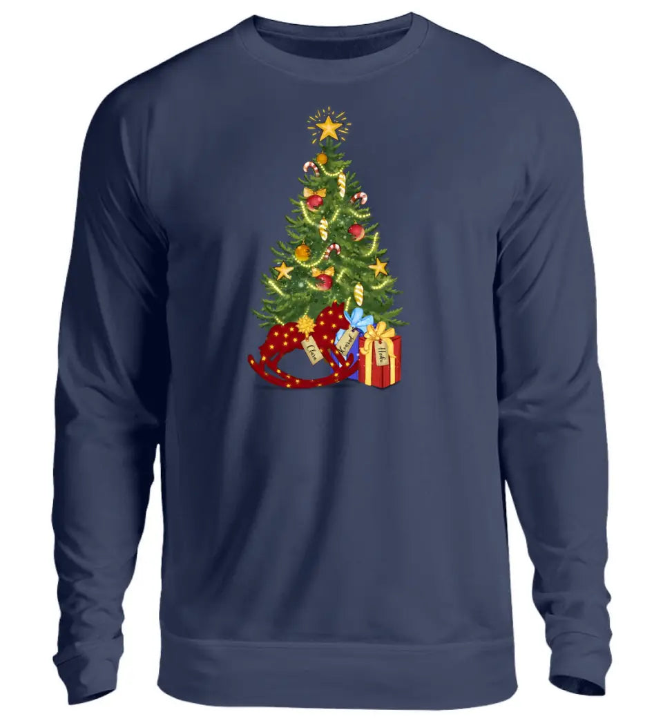 Weihnachtsbaum und Geschenke - Premium Sweatshirt Pullover personalisierbar bis zu 8 Namen