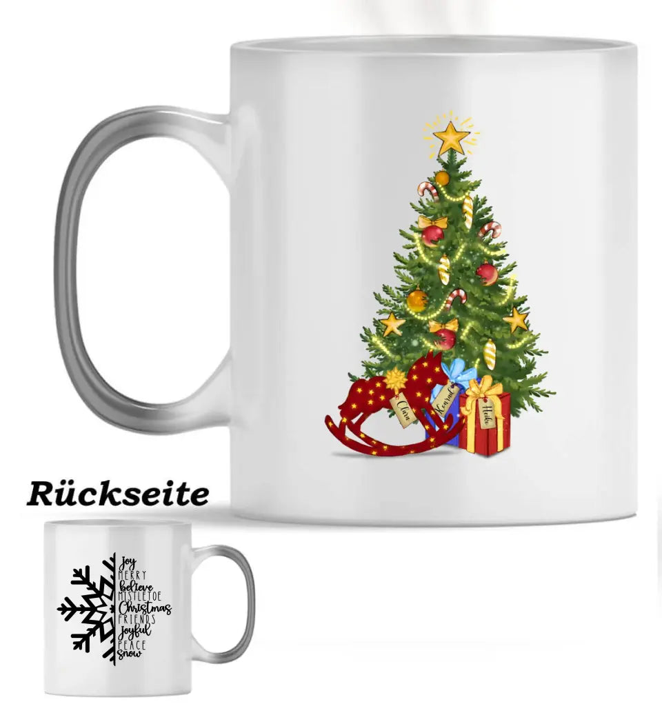 Weihnachtsbaum und Geschenke - Tasse personalisierbar bis zu 8 Namen