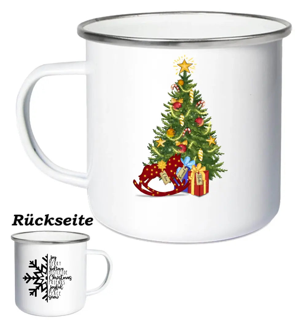 Weihnachtsbaum und Geschenke - Tasse personalisierbar bis zu 8 Namen