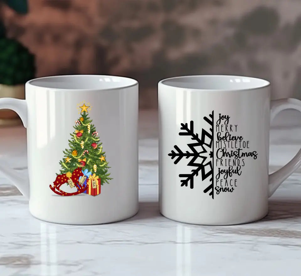 Weihnachtsbaum und Geschenke - Tasse personalisierbar bis zu 8 Namen