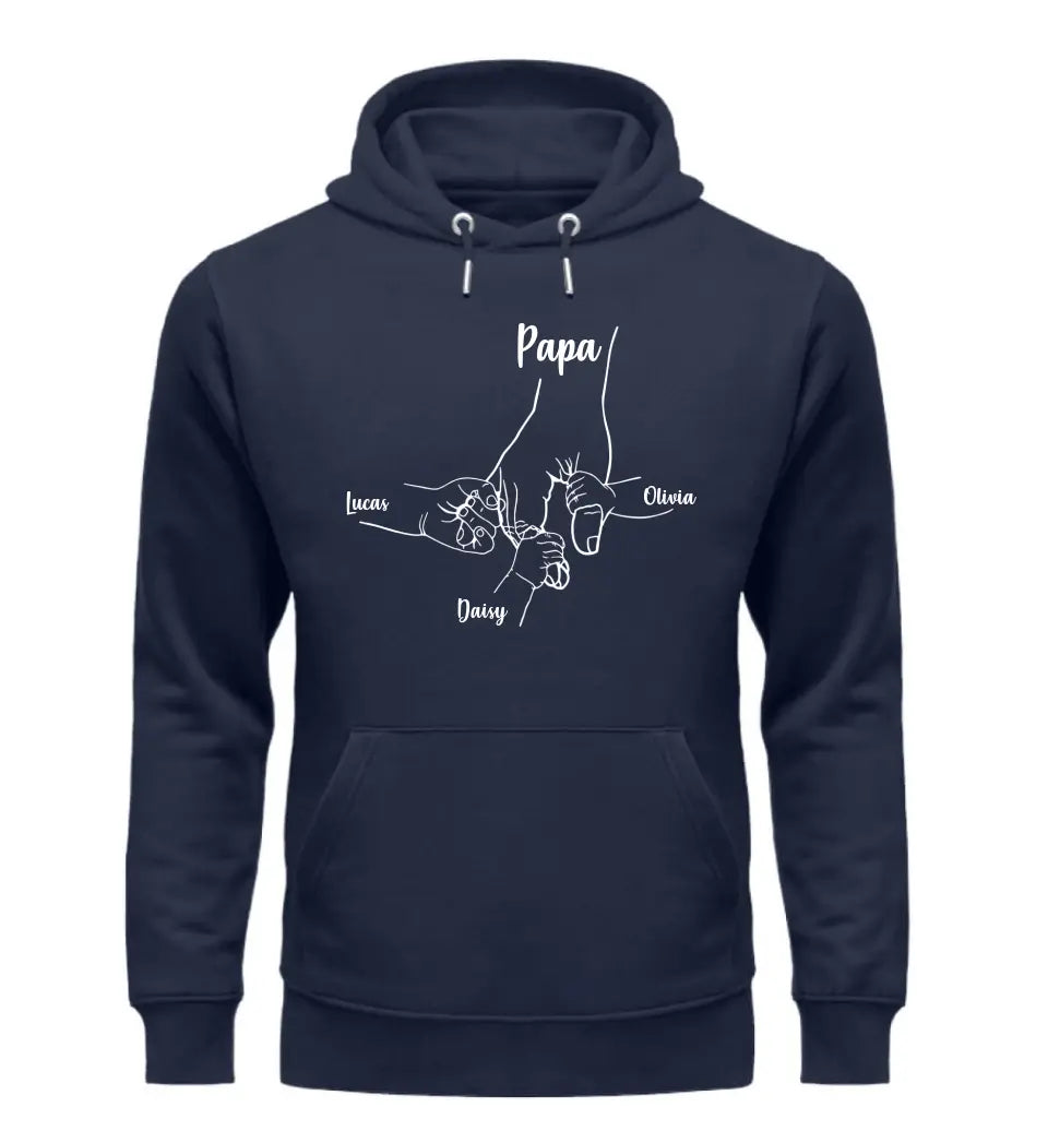 Papa Hand mit Kinder - personalisierbarer Premium Hoodie aus Biobaumwolle