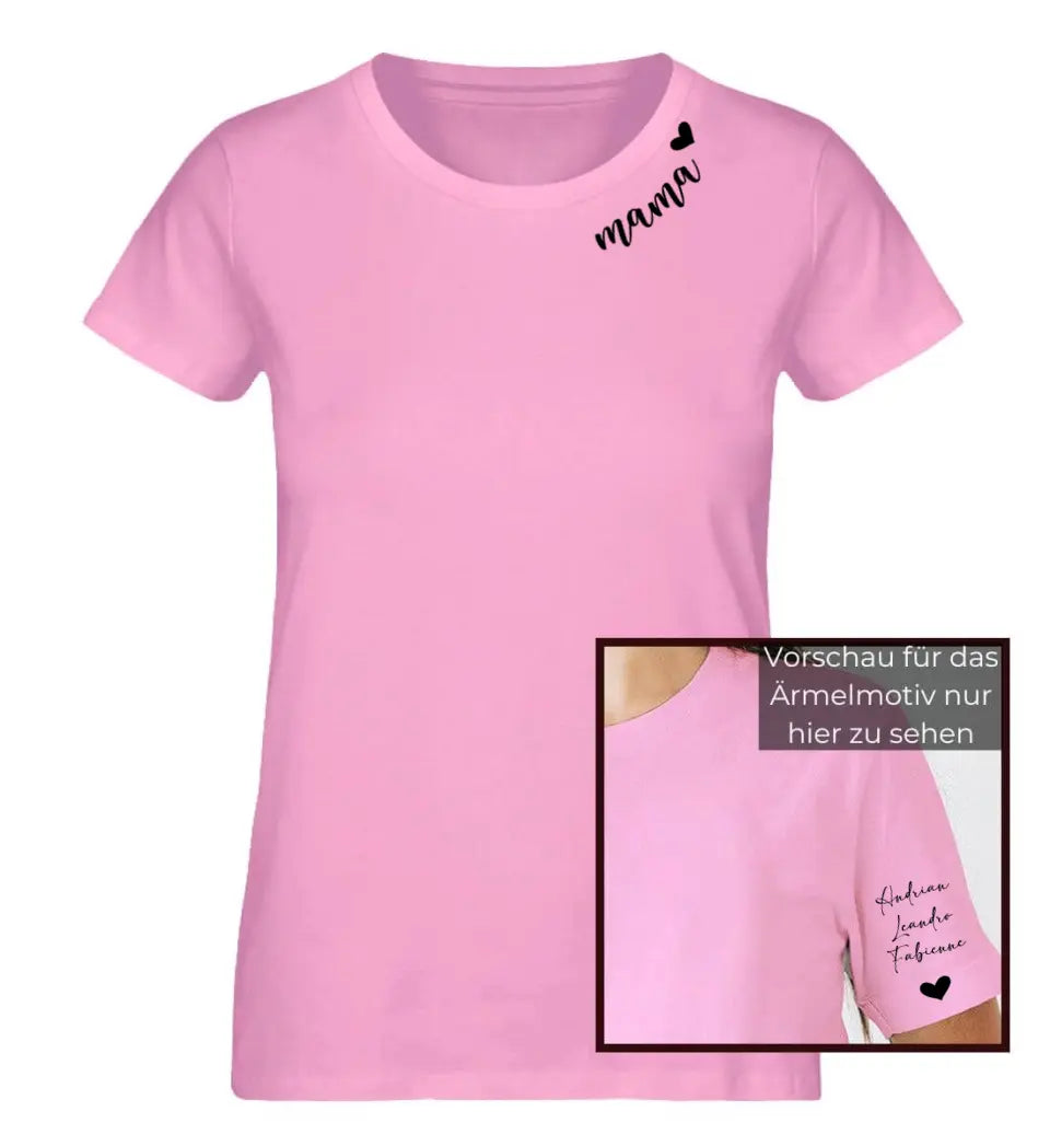Personalisiertes T-Shirt Individuell personalisierte Namen am Kragen und Ärmel für Mama, Oma, Tante