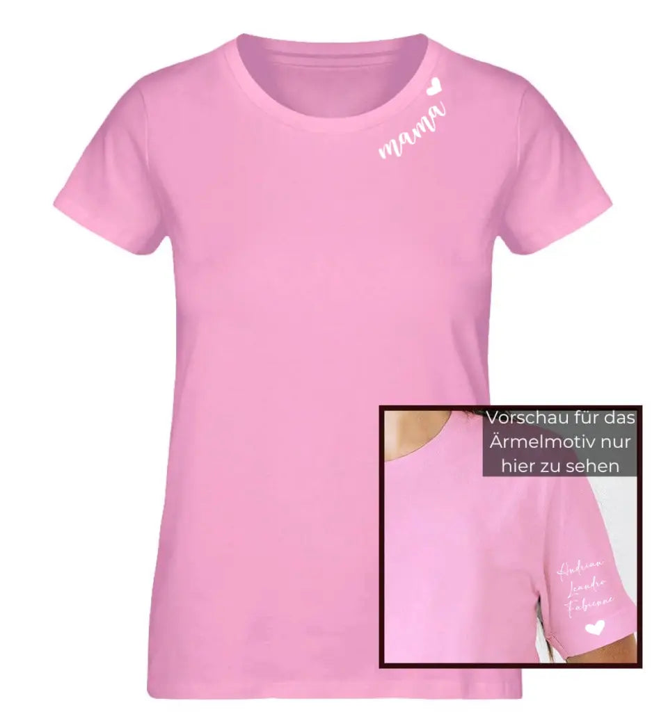 Personalisiertes T-Shirt Individuell personalisierte Namen am Kragen und Ärmel für Mama, Oma, Tante