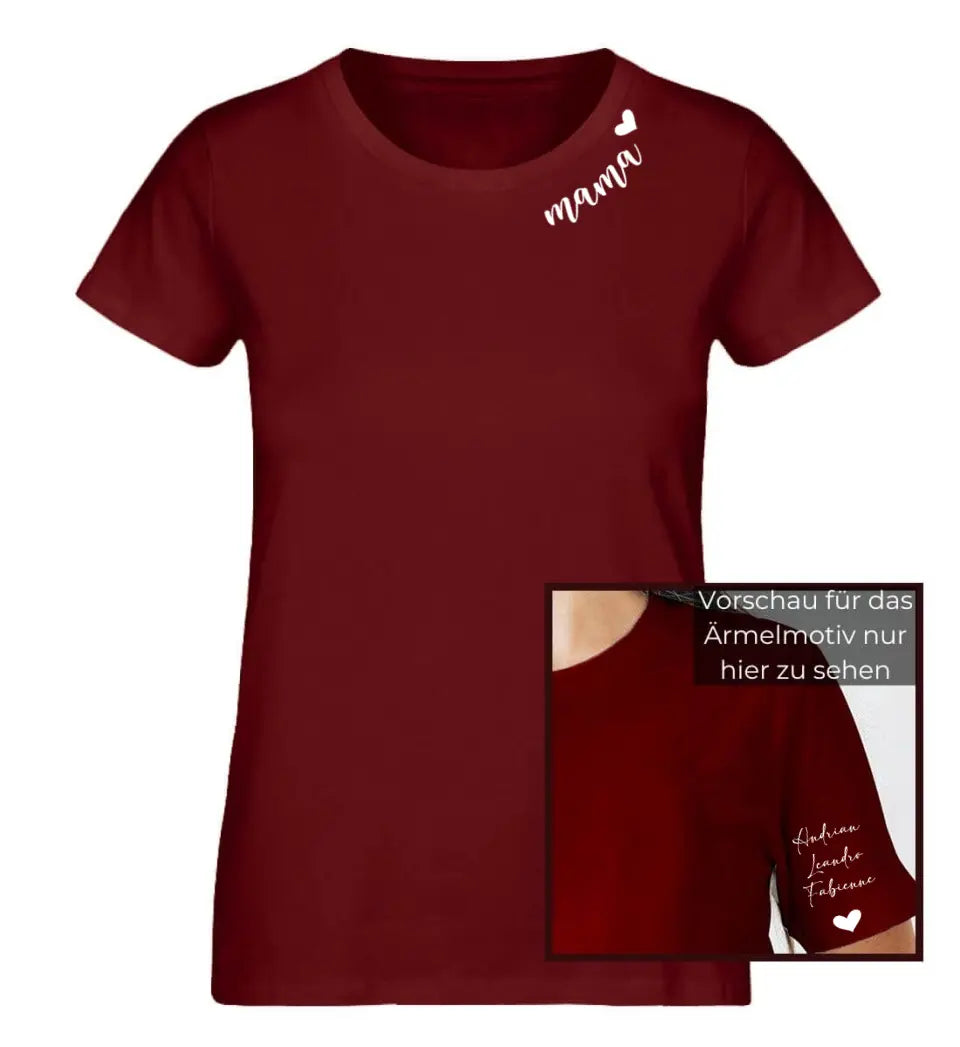 Personalisiertes T-Shirt Individuell personalisierte Namen am Kragen und Ärmel für Mama, Oma, Tante