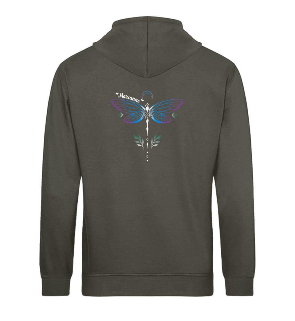 Libelle Rückenmotiv personalisierter Premium Hoodie aus Biobaumwolle