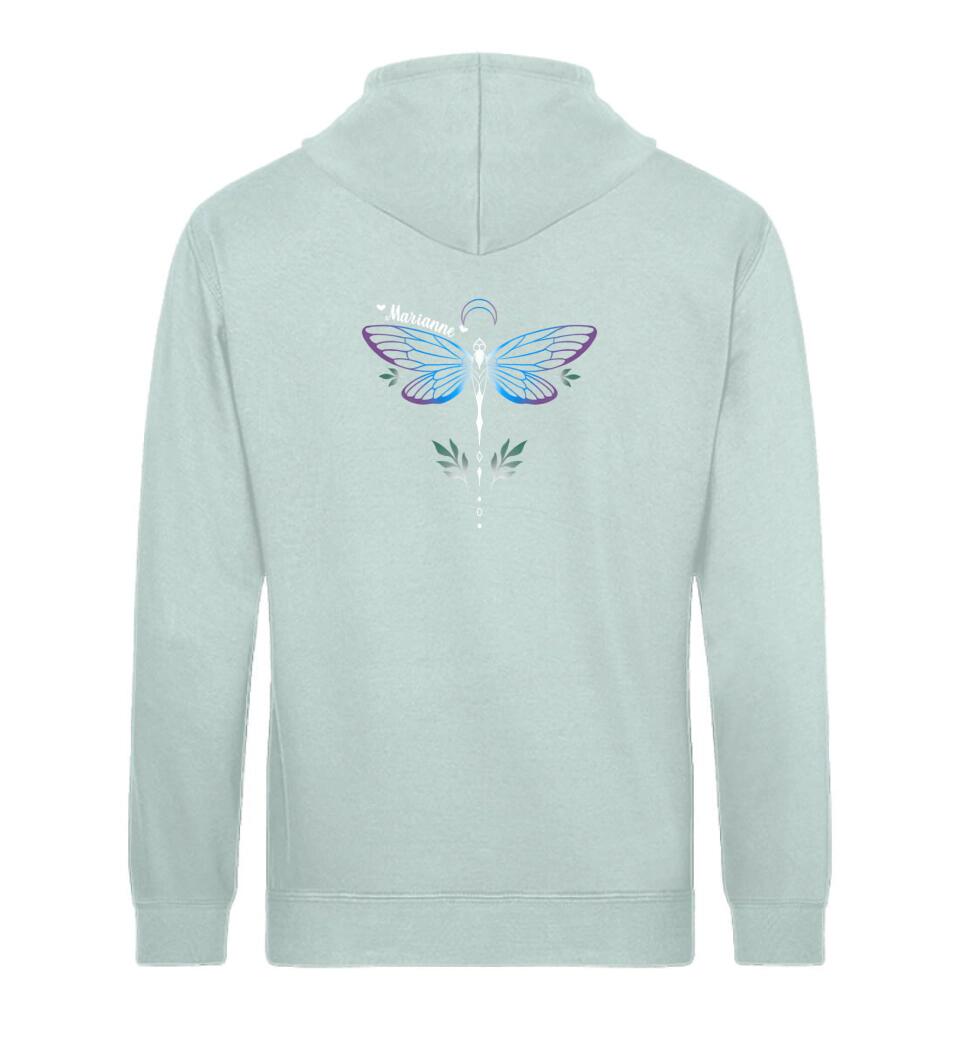 Libelle Rückenmotiv personalisierter Premium Hoodie aus Biobaumwolle